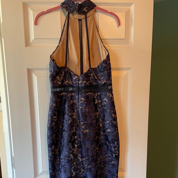 Xscape dark Blue Lace Illusion HighNeck Midi Dress - Picture 3 of 5